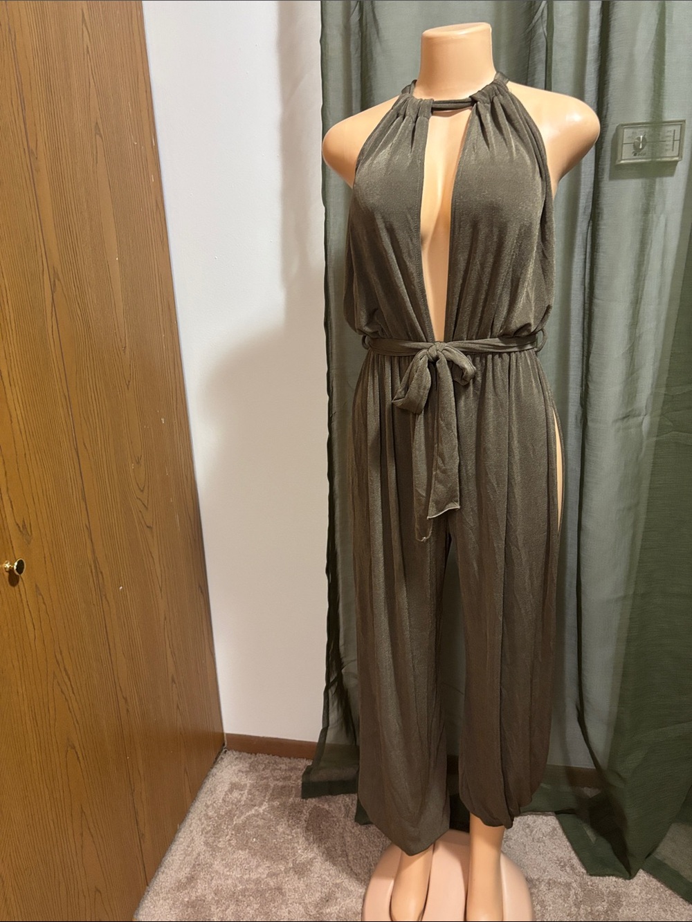 Olive Halter Jumpsuit Dress with Waist Tie